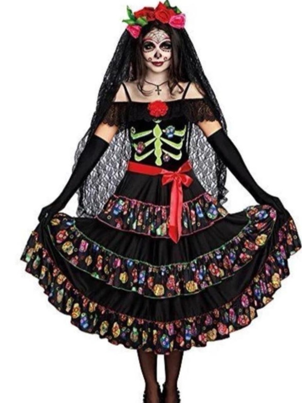Dreamgirl Black Floral Sugar Skull Dress Costume with Red Accents